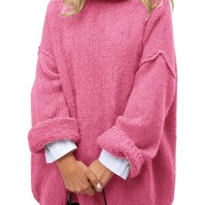 Relaxed Hot Pink Turtleneck Pullover Sweater